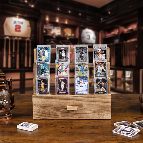 Emfogo Trading Card Display, 3-Tier Card Display Case with Custom Drawer, Wood Graded Card Display with Supporters and Dividers, Sports Card Display Case (Brown) - color: Rustic Brown