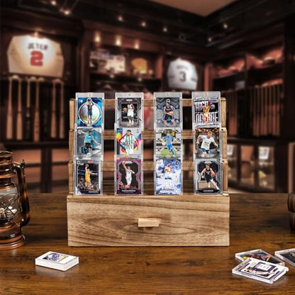 Emfogo Trading Card Display, 3-Tier Card Display Case with Custom Drawer, Wood Graded Card Display with Supporters and Dividers, Sports Card Display Case (Brown) - color: Rustic Brown