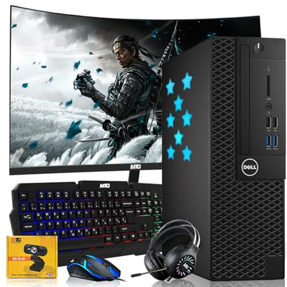 Dell Desktop PC Gaming Bundle - Core i7, 16GB RAM, 512GB SSD, 24-inch Curved Monitor, GT 730, RGB Keyboard with AI-Enabled Copilot Key, Mouse, RGB Headphone, Webcam, Wi-Fi, Win 11 Home (Renewed) - size: 24 Inch Curved, style: GT 730