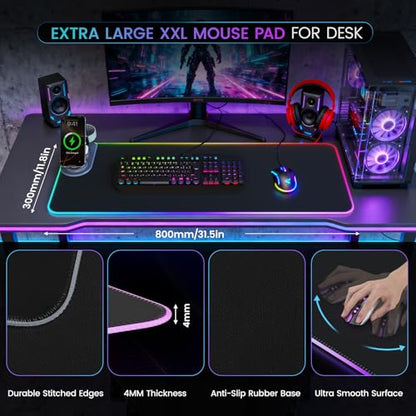 15W Wireless Charging Mouse Pad with Phone Holder&20W Power Adapter, RGB Gaming Mouse Pad, 15 Lights Mode 31.5"x11.8" XXL Large Desk Pad,Ultra-Smooth Surface,Non-Slip Rubber Base
