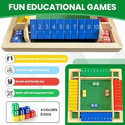 Shut The Box Dice Game, Wooden Strategy Board Game for 2-4 Players | Tabletop Math Game, 8 Dice Included, Velvet Storage Bag, Multicolor Design, Family Game Night, Pub Game - style: 4 Player-Multicolor