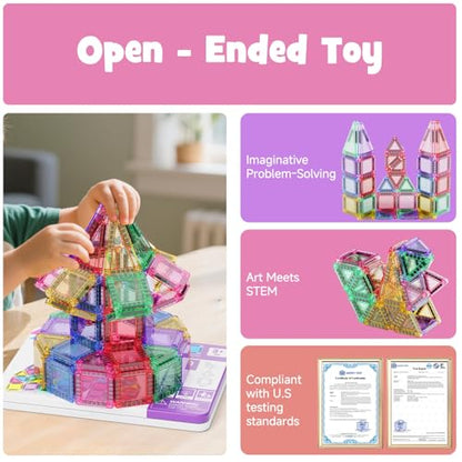 WMDXU Mini Magnetic Tiles Girls: Travel Building Set with Iron Box for 3+ | 42PCS On-the-Go Travel Toy, Strong Magnets Hold Tiles Upside Down without Falling, Iron Box Storage, for Girls 3-8 - style: Mini Magnetic Tiles