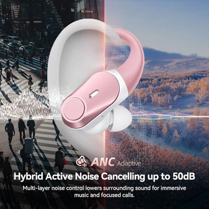 Active Noise Cancelling Ear Buds Wireless Earbuds 80H Playtime Bluetooth Headphones with LED Display Case, Hi-Res Audio Clear Calls Earphones with Over Ear Hooks for Running Gym Workout Rose Gold - color: Rose Gold