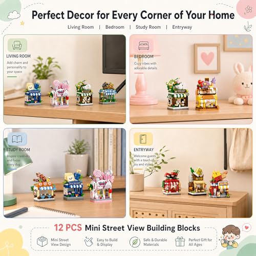 12 PCS Mini Street View Building Bricks Set, Modular City Shop Model, DIY Tiny Town Collection, Aesthetic Tabletop Decor, Holiday & Birthday Gifts for Adults