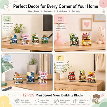 12 PCS Mini Street View Building Bricks Set, Modular City Shop Model, DIY Tiny Town Collection, Aesthetic Tabletop Decor, Holiday & Birthday Gifts for Adults