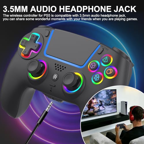 ADHJIE Compatible with PS5 Controller, RGB LED Wireless Controller for PS5 | PS5 Slim/PS5 Pro/PC with 3.5mm Audio Headset Jack,1000mAh Built-in Battery, Turbo, Dual Vibration, Black