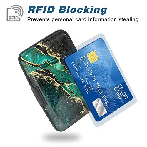 Credit Card Holder, Mini Aluminum Card Wallet RFID Blocking Slim Metal Hard Card Case for Women Men, Green Black Marble - color: Green Black Marble