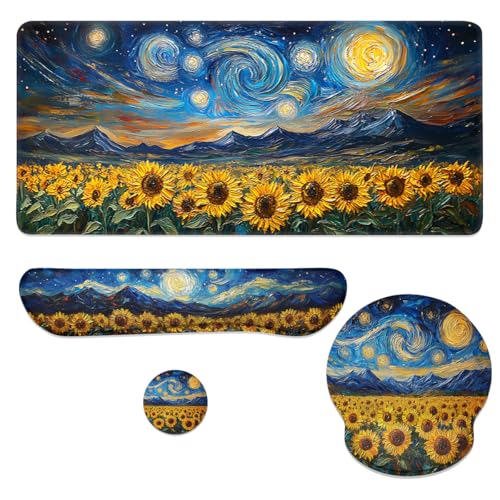 Sunflowers Mouse Pad Set Fantasy Starry Night Mountain Field Gaming Mousepad 4in1 Desk Mat for Desktop Anti-Slip XXL Big Computer Ergonomic Mousepad with Wrist Support for Keyboard and Mouse - color: Sunflowers, size: 35.4L x 15.7W inches