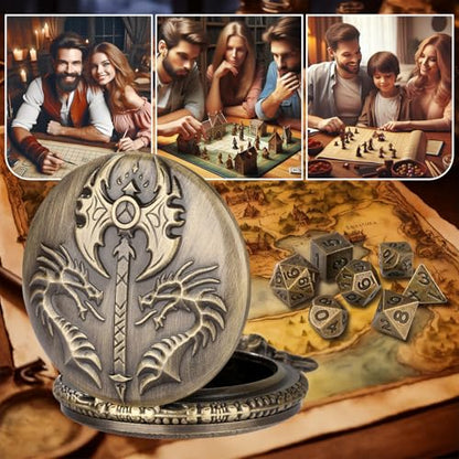 Mini DND Dice Set with Double Headed Dragon(Top Double-Sided Axe) Pocket Watch Case, 7-PCS Polyhedral Metal D&D Dice, DND Gifts with Gift Box, Role Playing Game Board Game Accessories Dice, Bronze - color: Bronze