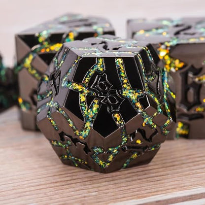 Cracked Rune Metal Dice Set for DND & RPG – Dark Fantasy Fractured Design, Premium Heavy Metal Polyhedral Dice with Deep Engraved Numbers, 7-Piece Set – Green Mystic Vein - color: Black Nickel Yellow
