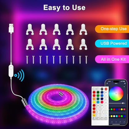 maylit 10 Ft ICRGB Reticulate Weave Rope Lights | 360° Luminous Usb-powered Lights with Music Sync and DIY Effects for Gaming Rooms and Bedrooms