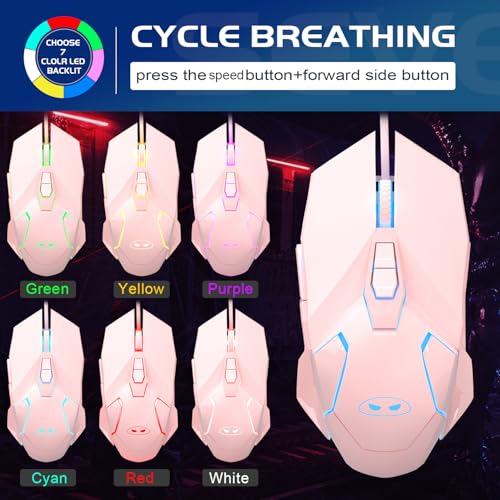 MageGee G10 Gaming Mouse Wired, 7 Colors Breathing LED Backlit Gaming Mouse, 6 Adjustable Speeds, Ergonomic Optical Computer Mouse with 7 Buttons for Windows PC Gamers - color: pink