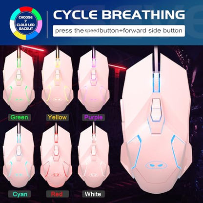 MageGee G10 Gaming Mouse Wired, 7 Colors Breathing LED Backlit Gaming Mouse, 6 Adjustable Speeds, Ergonomic Optical Computer Mouse with 7 Buttons for Windows PC Gamers - color: pink