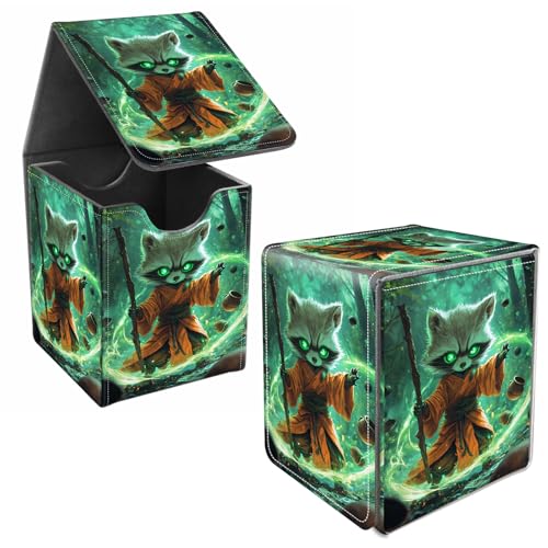 Card Deck Box, Card Storage Box Fits 100+ Single Sleeved Cards, Large Capacity PU Leather Card Storage Box with Strong Magnet for Magic Commander TCG/CCG, Raccoon Sorcerer - color: Raccoon Sorcerer