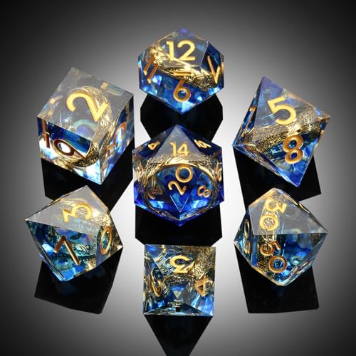 DNDND Sharp Edge D&D Dice Set - 7-Piece Swirl Resin with Golden Ring Inside with Gift Case for DMS & Players - Blue - color: Ring Blue