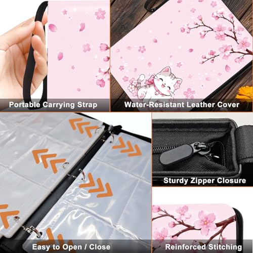 Card Binder 9 Pocket Trading Card Holder Fits 1008 Cards with 56 Removable Sleeves Portable Leather Collection Card Ablum Game Card Case Book with Zipper for Gift (Sakura Cat) - style: Sakura Cat Card Albums
