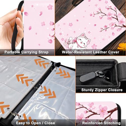 Card Binder 9 Pocket Trading Card Holder Fits 1008 Cards with 56 Removable Sleeves Portable Leather Collection Card Ablum Game Card Case Book with Zipper for Gift (Sakura Cat) - style: Sakura Cat Card Albums