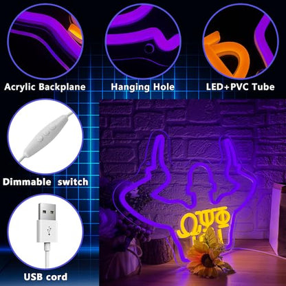 Omega Neon Light Sign Dimmable LED Greek Gesture Shape Retro Math Letter Psi Phi Neon Light, Party Bar Game Room Cinema Living Room Decor Festive Omega Birthday Holiday Gifts(15.7 * 11.8in) - color: Purple Omega