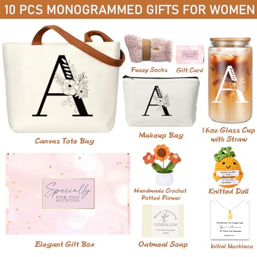 DHQH Birthday Gifts for Women, Monogrammed Gifts Box Included 16 oz Initial Glass Drinking Cup,Canvas Tote Bag, Personalized Iced Coffee Tumbler Gift for Women Her Mom Teacher Friends Sister, A - color: letter-cup-a
