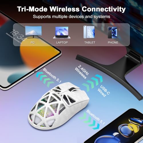 G11 RGB Wireless Gaming Mouse for Gaming Setup & Multi-Device Use, Tri-Mode Bluetooth 5.1/2.4GHz/USB-C, 22000 DPI Lightweight Programmable Mouse for PC, Laptop & Mac - color: Line White