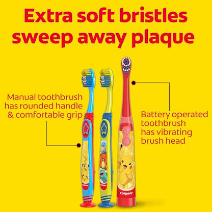Colgate Kids Pokemon Toothbrush and Kids Toothpaste Gift Set, Includes Pokemon-Themed Battery Toothbrush, 2 Bubblegum Flavored Fluoride Toothpastes, and 2 Manual Toothbrushes - style: Pokemon