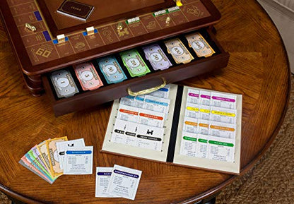 WS Game Company Monopoly Luxury Edition Wooden Board Game Set, 2-6 Players | Luxurious Wood Cabinet, Gold Foil Stamped Game Board, Faux Leather Rolling Area, 2 Storage Drawers, for Collectors and Adults