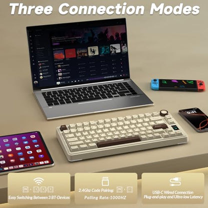 AULA S75 PRO Wireless Mechanical Keyboard with Screen&Knob, 75% Hot Swappable Gaming Keyboard with Pre-lubed Switches, RGB Backlit, PBT Keycaps, Creamy Sounding Computer Keyboards - color: Mocha