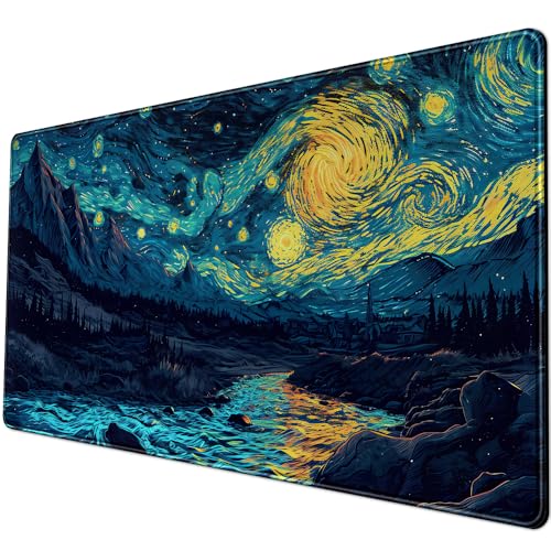 Misty Forest Desk Pad Mat Vincent Van Gogh XL Mouse Pad Gaming Playmat Large Mousepad XXL Desk Laptop Pad Equipped with Waterproof Storage Bag Non-Slip Stitched Edges (31.5x15.7 in) - color: D-blue Enchantress