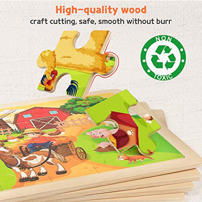 SYNARRY Large Animals Wooden Puzzles for Kids 4 in 1 Gift Box(12.2 * 9.4 in), Jigsaw Puzzles for Toddlers 3-5, Puzzles for Kids Ages 4-6, Easter Basket Stuffers Gifts Toys for Kids - style: Animals