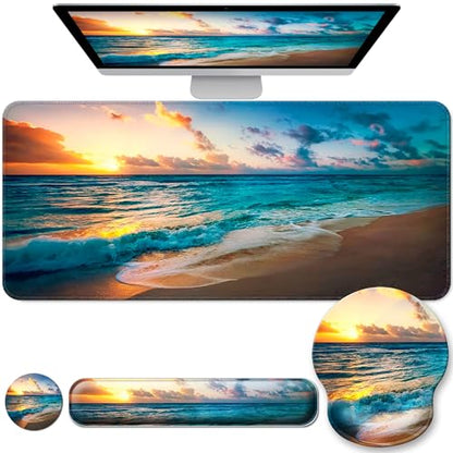 Desk Mat Set Keyboard and Mouse Pad with Wrist Rest Support | Ergonomic,Pain Relief, 4-in-1 Large Big Mousepad Computer Mats,Desk Pad Matt Mats for Desktop Home & Office - color: J-Sunset Sea