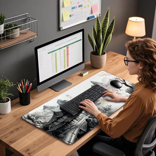 Japanese B&W Cherry Blossoms Gaming Mouse Pad Desk Mat 31.5"x15.7 | Extended Mousepad, Non-Slip Rubber Base , Stitched Edges, for Computer/Laptop/Office/Home - color: Black and White