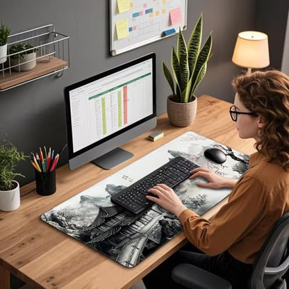 Japanese B&W Cherry Blossoms Gaming Mouse Pad Desk Mat 31.5"x15.7 | Extended Mousepad, Non-Slip Rubber Base , Stitched Edges, for Computer/Laptop/Office/Home - color: Black and White