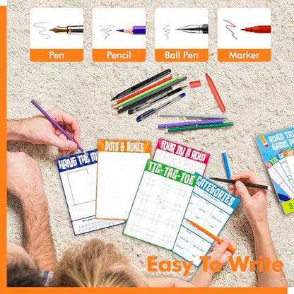 Gethelud Road Trip Game Pad, 80 Tear-Off Sheets 5 Classic Games in 1 Pad, Dots & Boxes, Tic-tac-Toe, Categories, Plane Travel, Car Trip Activity, Pen Pencil & Paper Game for Kids, Adults (4” x 6”) - style: Classic(4” x 6”)