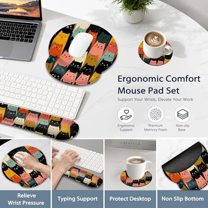 Cute Cat Wrist Rest Mouse Pad and Keyboard Support Set,3 in 1 Ergonomic Memory Foam Mousepad with Non Slip Base, Gaming Mouse Pad for Office and Home - color: Cute Cat
