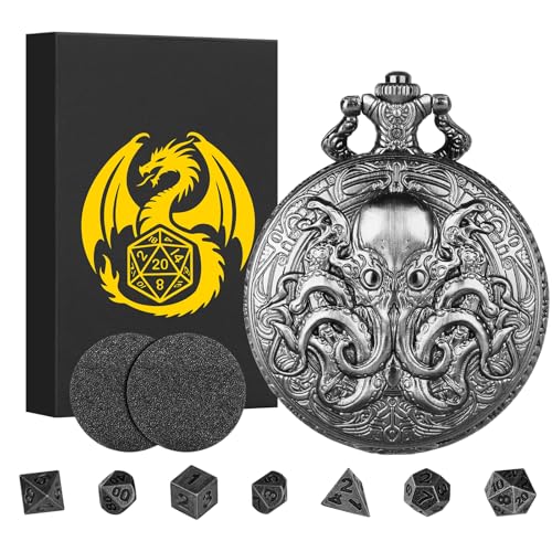 Mini DND Dice Set with Steampunk Double Eyed Octopus Pocket Watch Case, Tiny 7PCS Polyhedral Metal D&D Dice, DND Gifts with Gift Box, Role Playing Game Board Game Accessories Dice, Dark Silver - color: Dark Silver