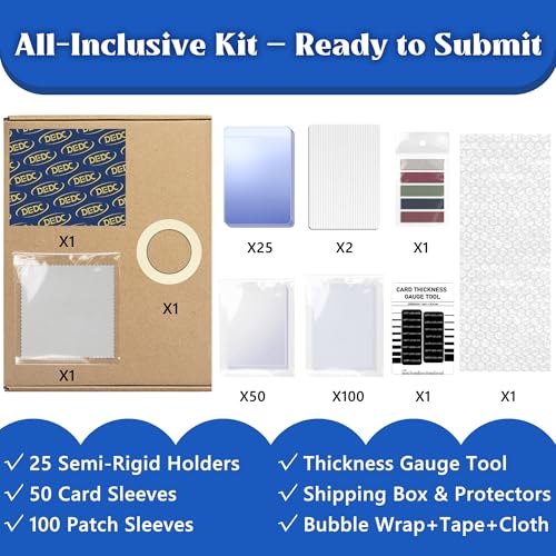 DEDC Card Grading Submission Kit Shipping Mailing Kit for CGC with Paper Tape, Gloves, Gauge Tool 25 Semi Rigid Card Holders 50 Card Sleeves 100 Thick Card Sleeves 1 Wiping Cloth (1-Set- CGC) - size: 1-set- CGC