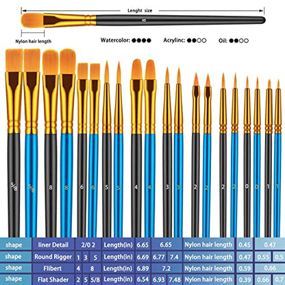 Paint Brushes Set, 20 Pcs Paint Brushes for Acrylic Painting, Oil Watercolor Acrylic Paint Brush, Artist Paintbrushes for Body Face Rock Canvas, Adult Drawing Arts Crafts Supplies, Blue+Black - color: Black,blue