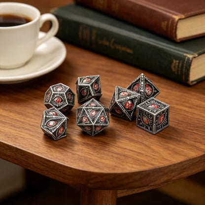 Metal Dice Set, Dragon Eye Theme, 7pcs Polyhedral Metal DND Dice Set, DND Starter Set, D&D Gifts with Gift Box, Role Playing Board Games Accessories, Red Black Silver - color: Red Black Silver With Gift Box