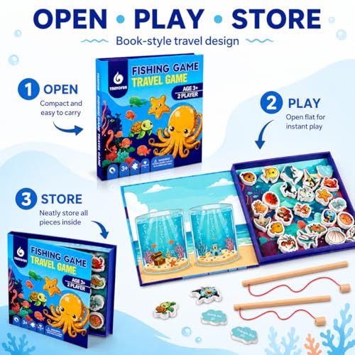 TRAVOFUN Magnetic Fishing Game Book for Kids Ages 3-8, Travel Toys for Toddlers 3-5, Road Trip and Airplane Activities, Quiet Portable Car Ride Toy with 2 Poles and 27 Ocean Fish - style: Fishing Game