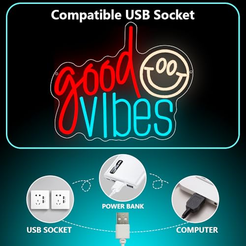 Good Vibes Neon Sign, Smile Face LED Neon Light for Wall Decor Good Vibes Light Up Lamp for Bedroom Dorm Game Room Wall Art Party Decorations Gift USB Powered(14.2"*11.8") - style: Good Vibes