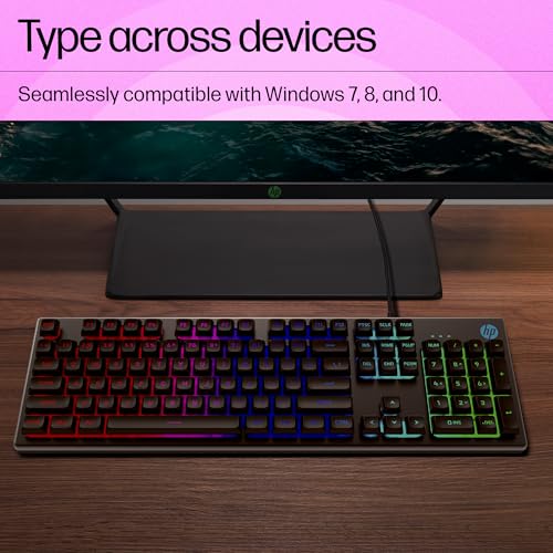 HP K500F Backlit Membrane Wired Gaming Keyboard with Mixed Color Lighting, Metal Panel with Logo Lighting, 26 Anti-Ghosting Keys,