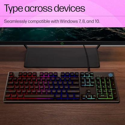 HP K500F Backlit Membrane Wired Gaming Keyboard with Mixed Color Lighting, Metal Panel with Logo Lighting, 26 Anti-Ghosting Keys,