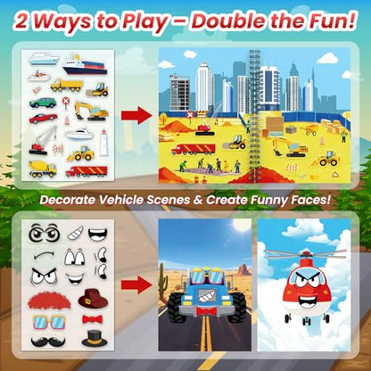 Cars Reusable Sticker Book for Toddlers, DIY Make-a-face Jelly Stickers | Make A Face & Scene Decoration Play, Washable and Reusable Jelly Stickers, Portable Travel Friendly, Airplane Trip Essentials - style: Car