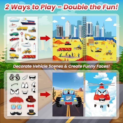 Cars Reusable Sticker Book for Toddlers, DIY Make-a-face Jelly Stickers | Make A Face & Scene Decoration Play, Washable and Reusable Jelly Stickers, Portable Travel Friendly, Airplane Trip Essentials - style: Car