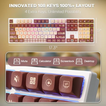 Redragon K668 108-Key Hot-Swap Wired RGB Gaming Keyboard, Extra 4 Hotkeys | Dedicated Shortcut Keys for Mute, Calc & Desktop, Cushioned Noise Dampening for Creamy Thocky Sound, Swap-Ready, PRO Software - color: Gingerbread Man