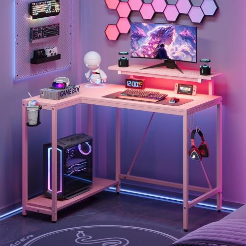 Pinmoco 42" Reversible Small L-Shaped Gaming Desk with LED Lights, Pink | corner desk fits small spaces, monitor stand, cup holder, headset hook, carbon fiber surface, for gaming and home office - color: Carbon Fiber Pink