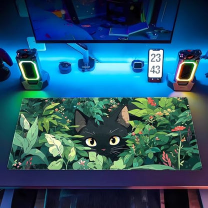 Cute Black Cat Desk Mat, Anime Green XXL Large Gaming Mouse Pad | Kawaii botanical black cat desk pad with soft 3mm cushion, smooth cloth top, and steady non-slip rubber core. - color: Black Cat