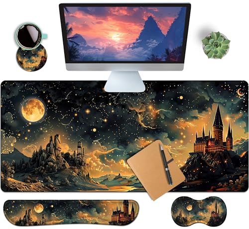 4-Piece Extended Large Mouse Pad Set for Women Men with Castle Night Design Includes 35.4 x 15.7 XXL Large Mouse Pad Keyboard Wrist Rest Mouse Wrist Support and Coaster for Office Home - color: Castle Night, size: Extra XXL -35.4"X15.7"