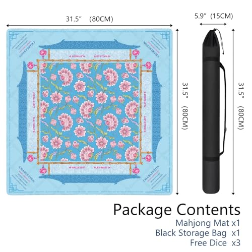 Mahjong Mat for Table with Carrying Bag & 3 Dice, Blue Pink Floral 31.5"x31.5" Square Rubber Mahjong Table Cover, Non-Slip & Noise Reduction Gaming Mat for Mah Jongg, Poker, Dominoes & Tile Games - color: Light Blue Pink