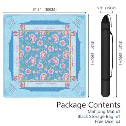 Mahjong Mat for Table with Carrying Bag & 3 Dice, Blue Pink Floral 31.5"x31.5" Square Rubber Mahjong Table Cover, Non-Slip & Noise Reduction Gaming Mat for Mah Jongg, Poker, Dominoes & Tile Games - color: Light Blue Pink